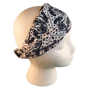 Blue White Paisley Knit Headwrap Hairband Soft Stretchy Headband Unisex Sweatban
